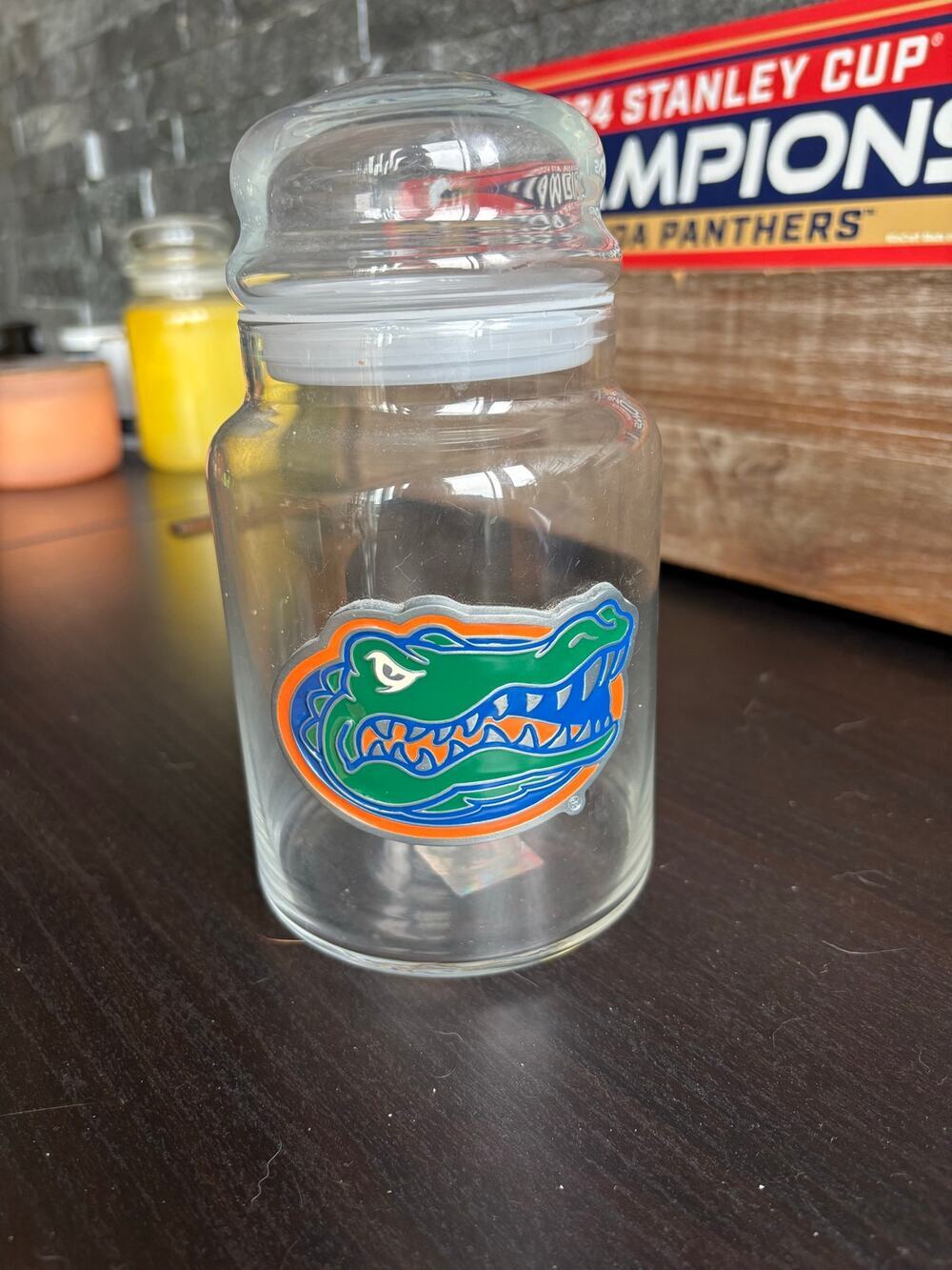 Florida Gators Glass Candy Jar w/ Lid NCAA Team Logo Canister Storage Container
